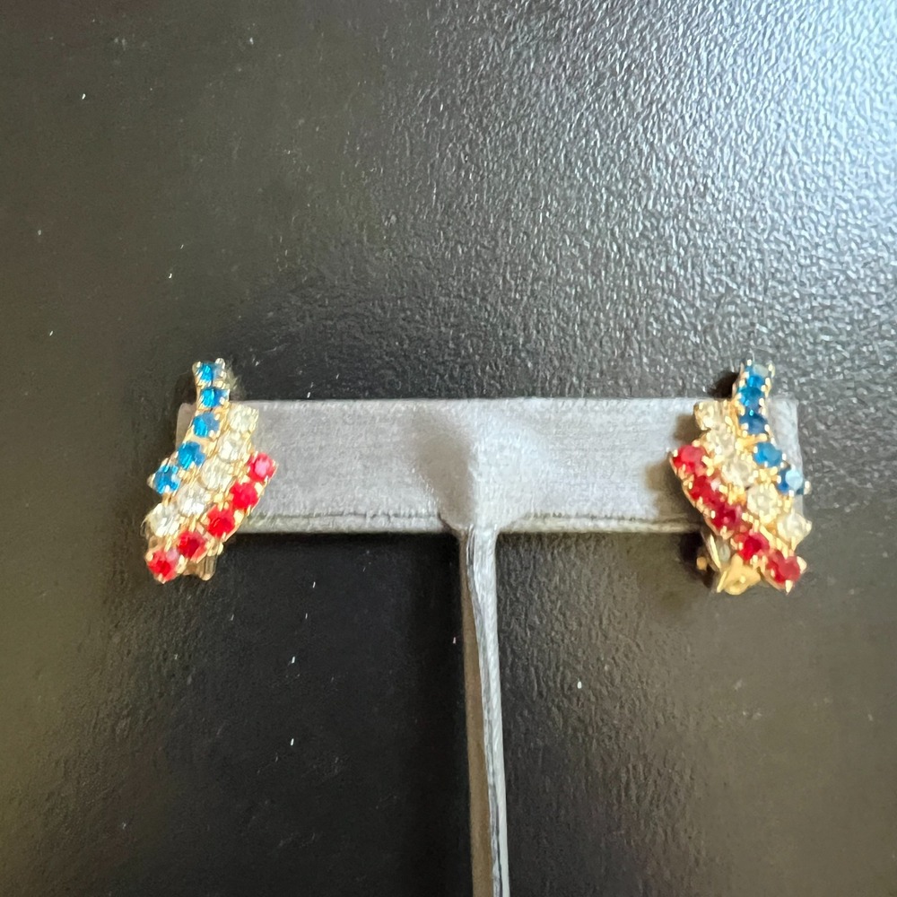 Vintage Rhinestone Clip On Earrings Red White Blue Gold Tone Retro Sparkle